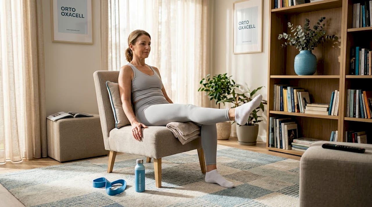 Femeie care face exerciții pentru genunchi acasă, folosindu-se de diverse accesorii